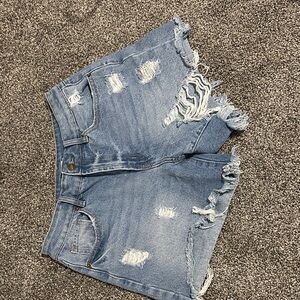 High-Rise Light Blue Distressed Denim Shorts